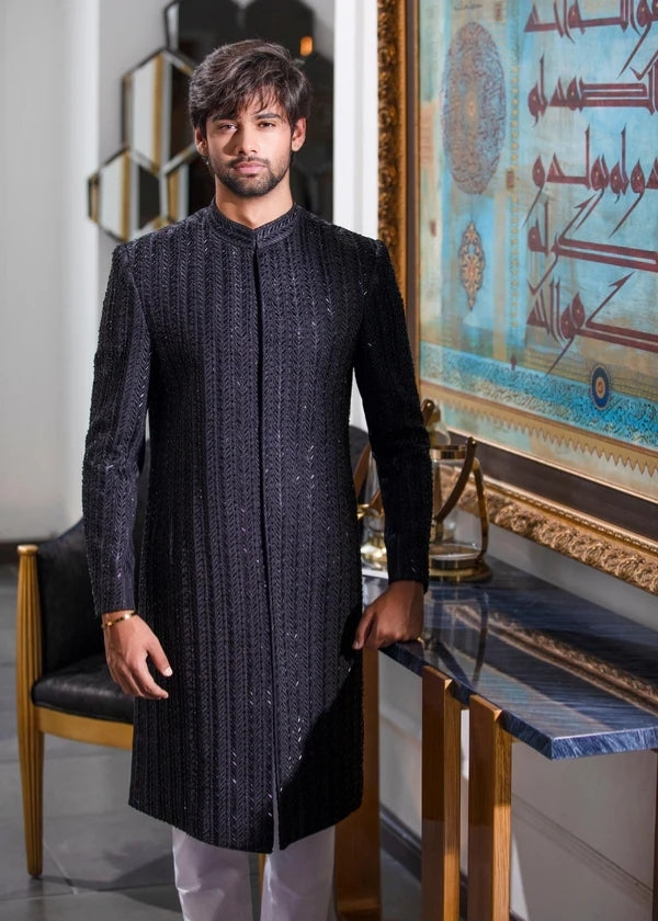 Dark Navy Embroidered SHERWANI - Kurta Corner