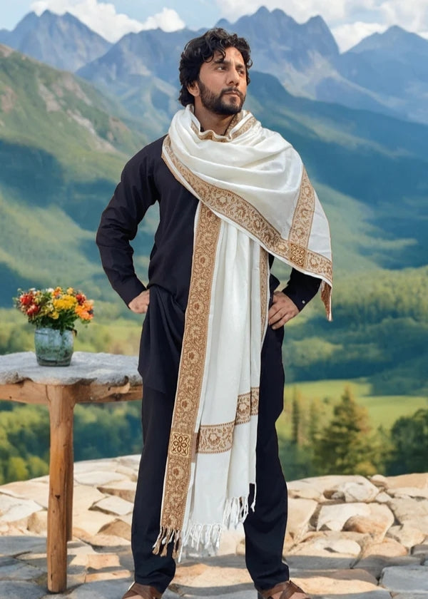 Irani Shawl - Baghdadi Style Shawl For Men - White -Kamaal Khan
