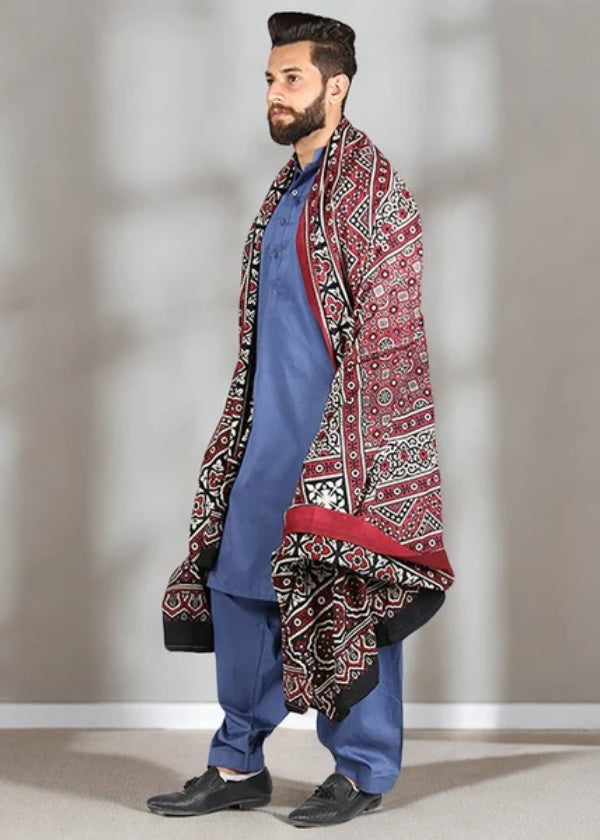 Sindhi Ajrak Jumbo Size - Screen Dyed - Maroon, Black, White -Kamaal Khan