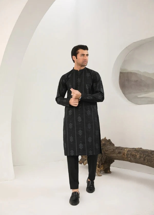 Black Motif Embroidered Cotton Kurta Trouser - Muraqsh