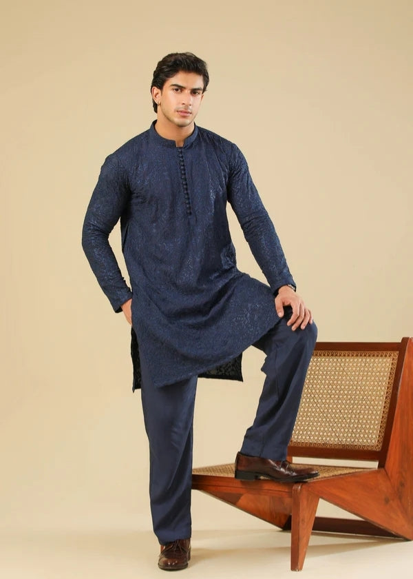 Feroz - Dark Blue Raw Silk Embroidered Kurta Trouser -Muraqsh